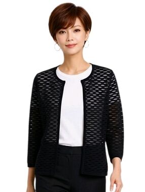 Kasper Black Semi Sheer Open Front Cardigan Size M